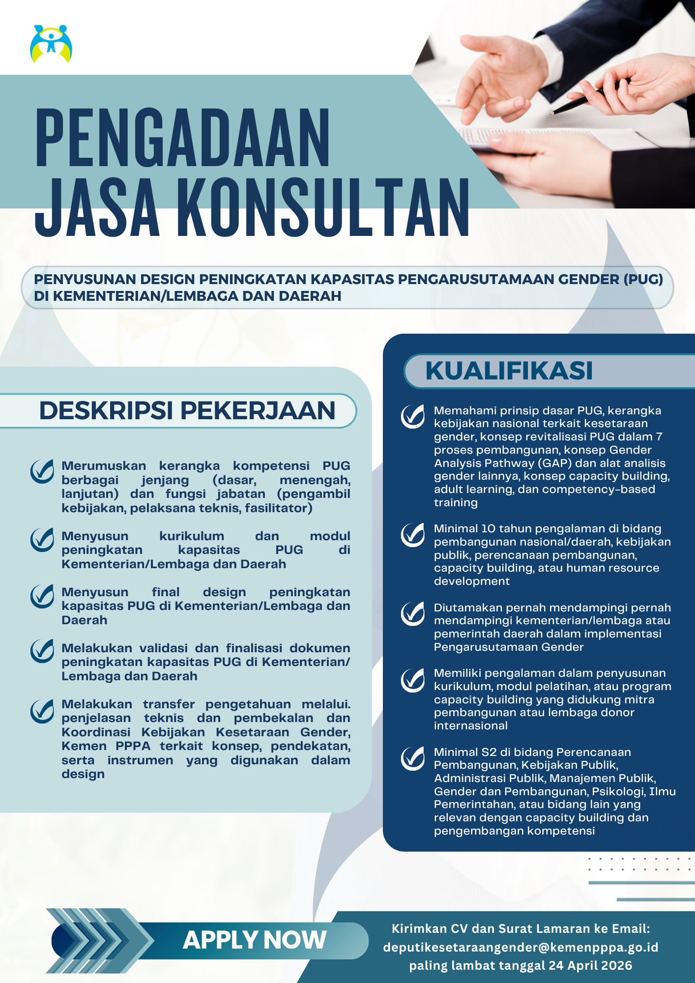 Pengumuman Pengadaan Jasa Konsultan Penyusunan Design Peningkatan Kapasitas Pengarusutamaan Gender (PUG) di Kementerian/Lembaga dan Daerah